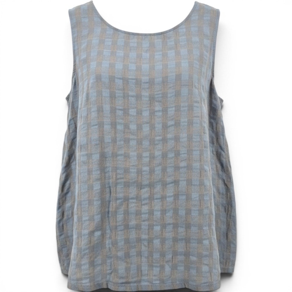 Beau Jours Tank Top Womens 1X Blue Plaid Marina Linen Cotton Sleeveless USA Made